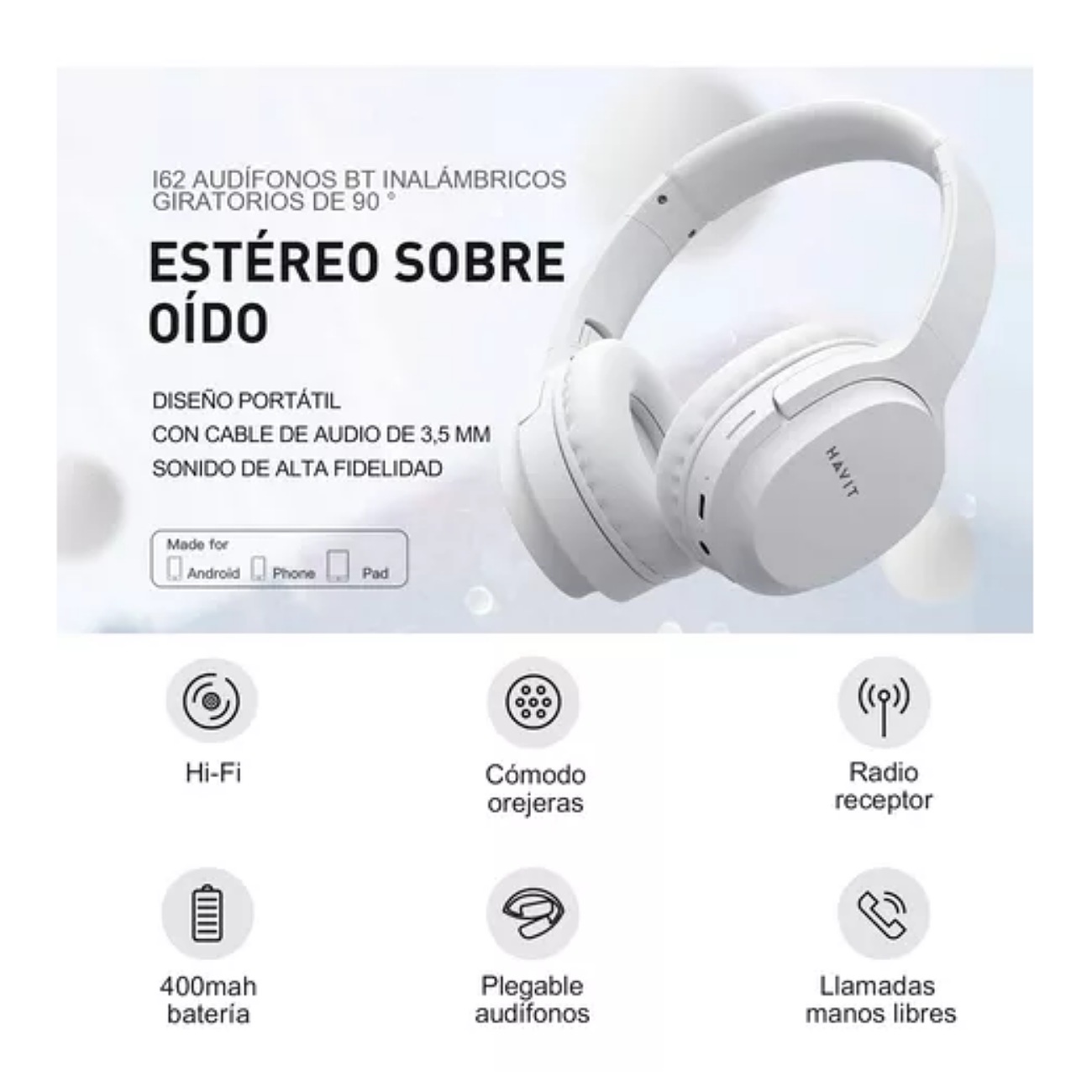 Cantidad de pares 1 Características generales Fabricante Havit Marca Havit Línea Audio Modelo I62 Especificaciones Formato del audífono Over-ear Es monoaural No Es gamer No Con luz LED No