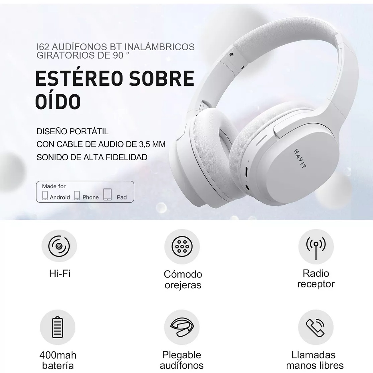 Cantidad de pares 1 Características generales Fabricante Havit Marca Havit Línea Audio Modelo I62 Especificaciones Formato del audífono Over-ear Es monoaural No Es gamer No Con luz LED No