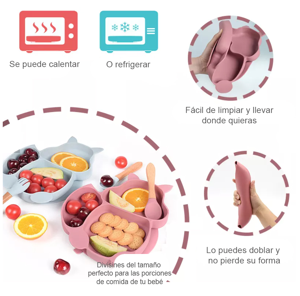 Plato para Bebé de Ardilla Azul con 3 Divisiones, Cubiertos y Plato Hondo