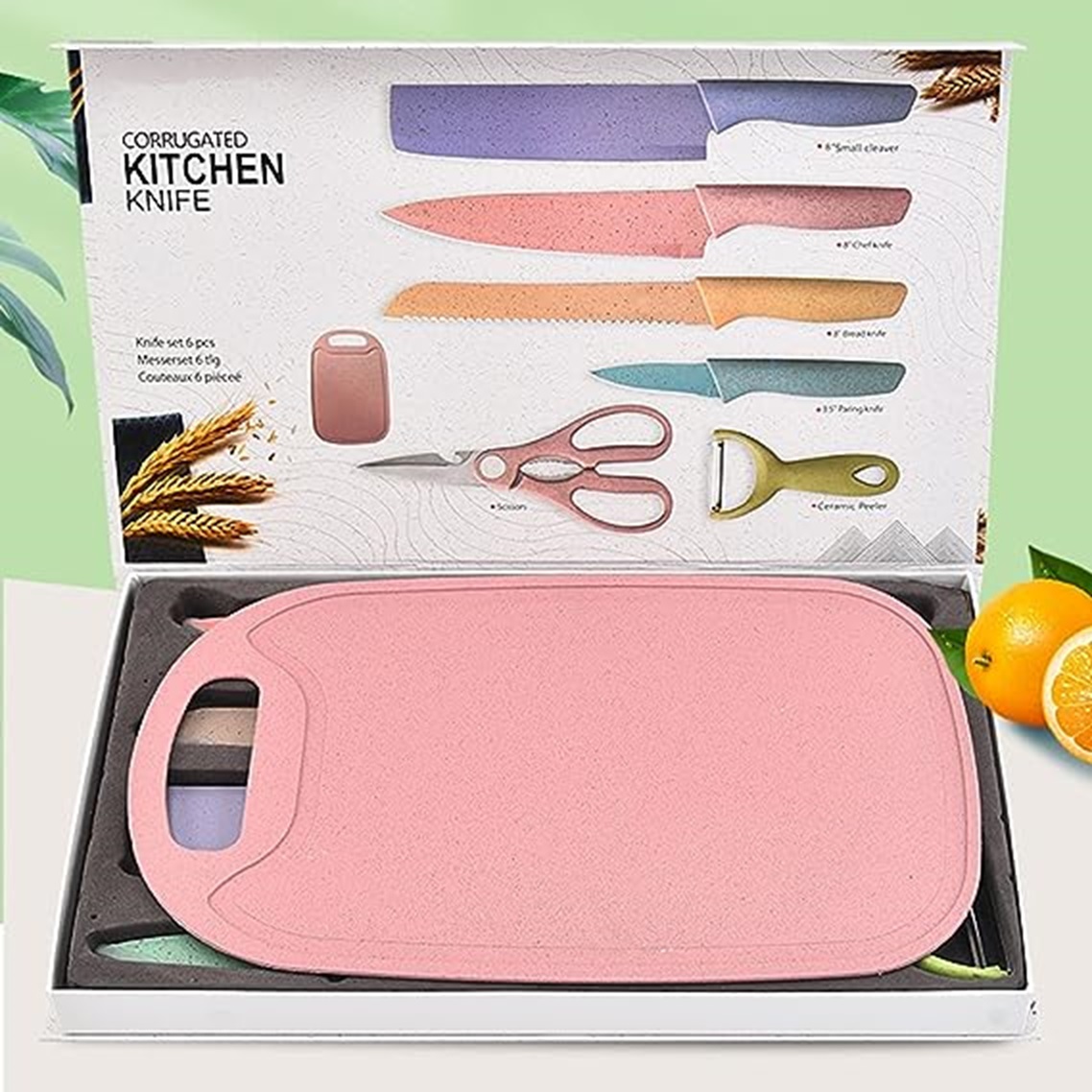 Set de cuchillos color pastel con tabla 