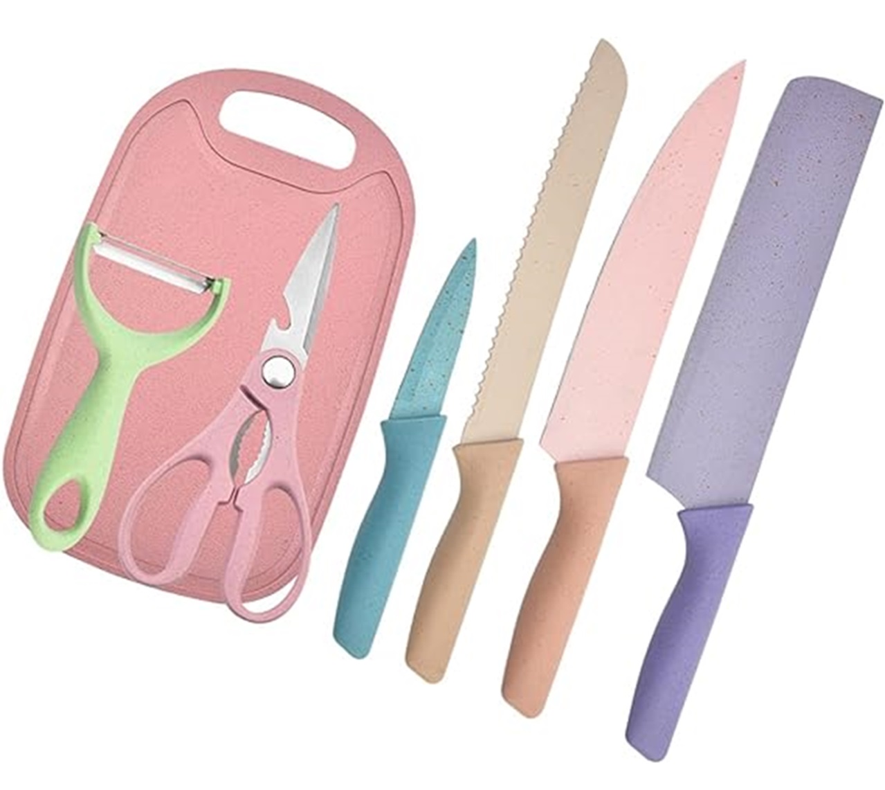 Set de cuchillos color pastel con tabla 
