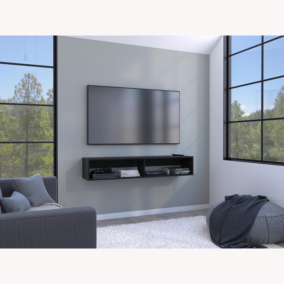 RACK TV ARMABLE FLOTANTE PARA PANTALLA DE 55 PULGADAS.
