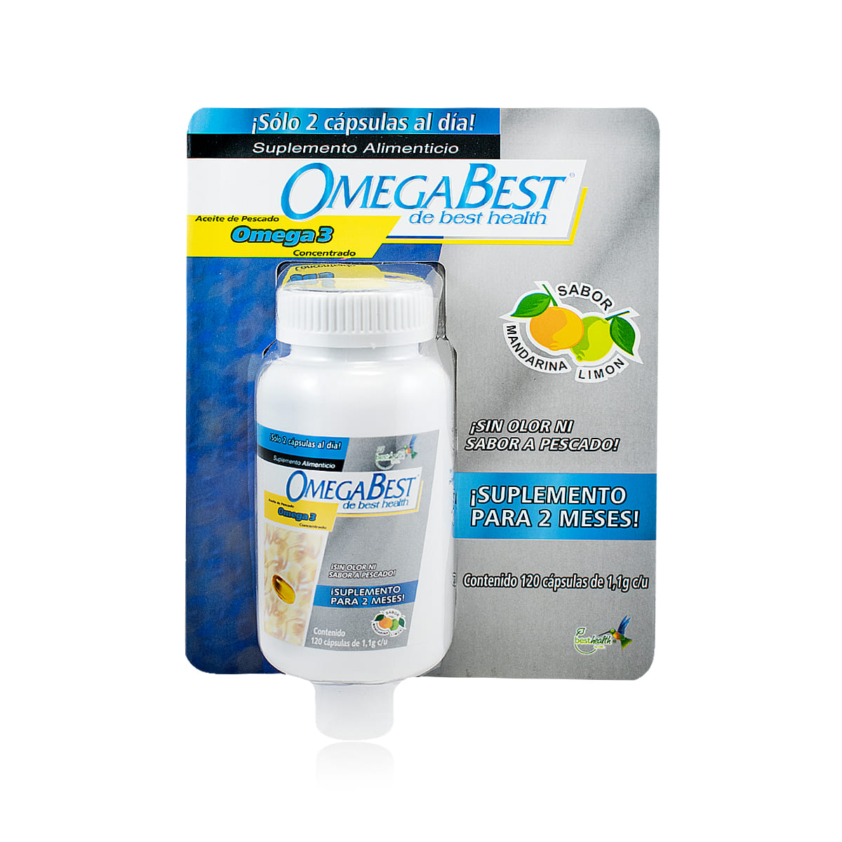 Omega Best 120 Caps. BEST HEALTH Aceite de Pescado sabor Mandarina-Limón