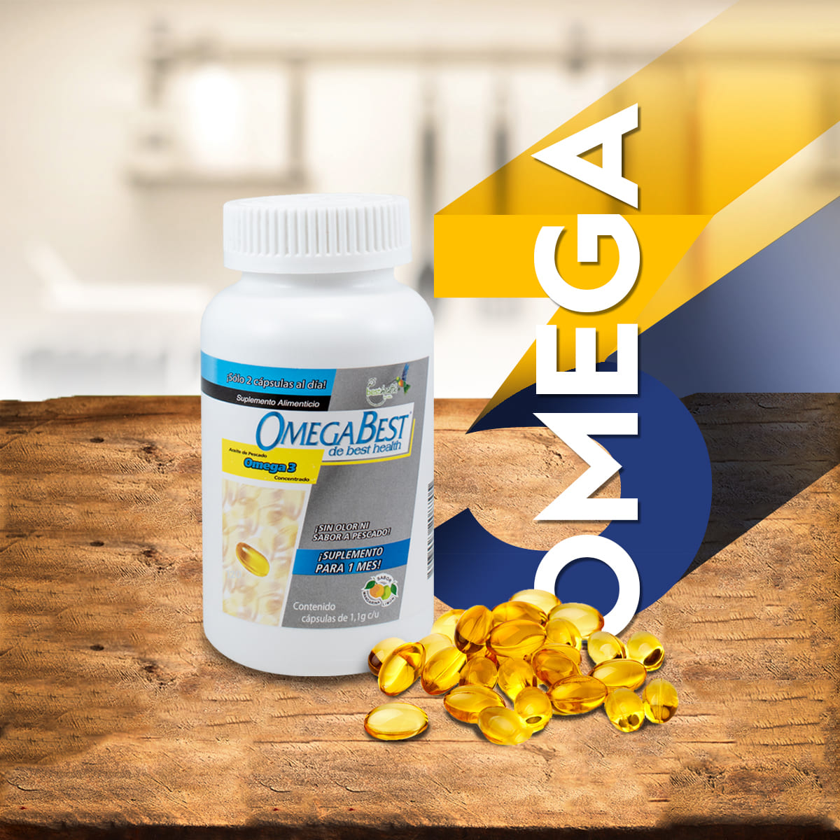 Omega Best 120 Caps. BEST HEALTH Aceite de Pescado sabor Mandarina-Limón