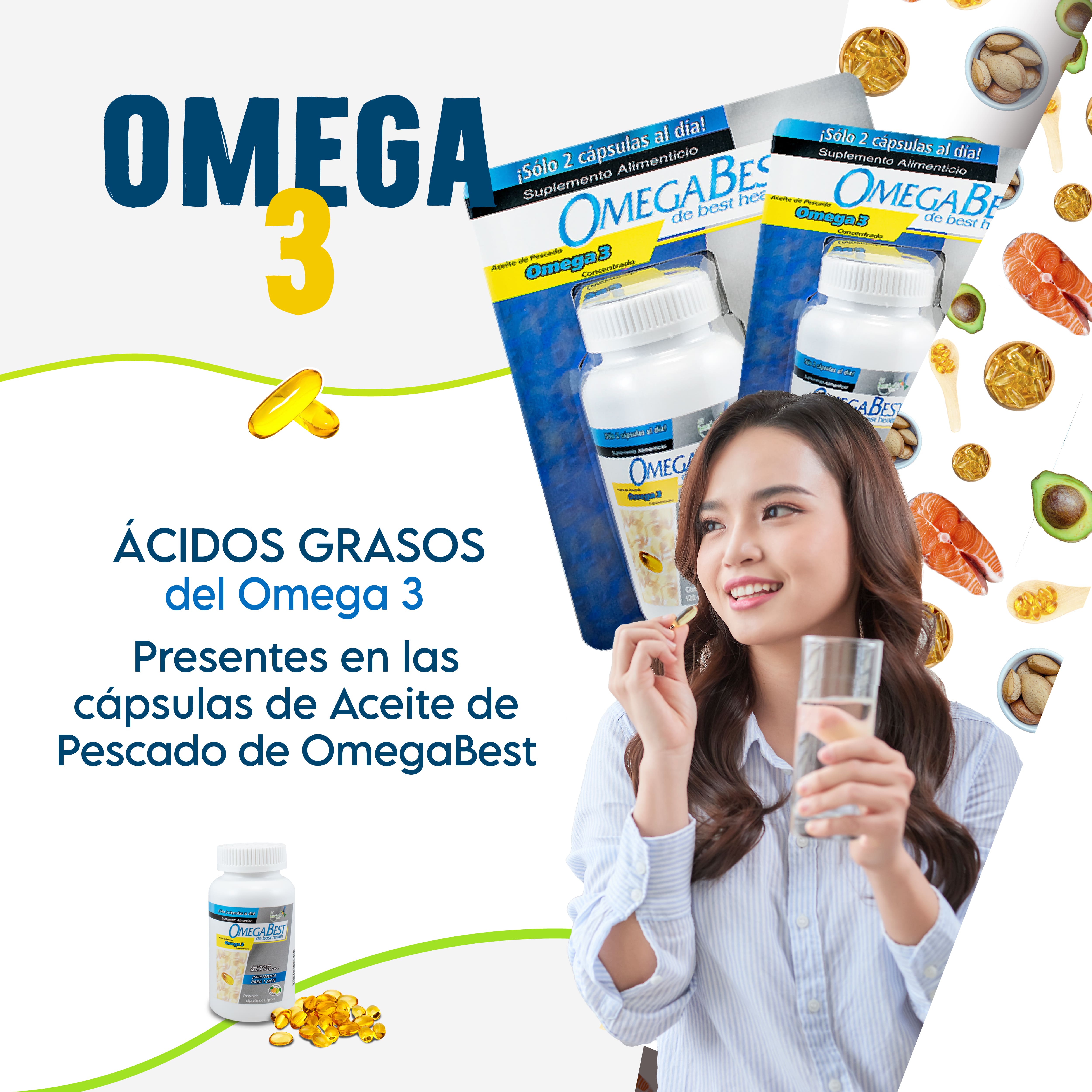 Omega Best 120 Caps. BEST HEALTH Aceite de Pescado sabor Mandarina-Limón