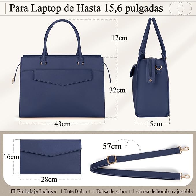 A Bolsa para Laptop Mujer 15.6 Pulgadas 2 Piezas Maletín para Laptop de Cuero Impermeable Bolsa Bandolera para Mujer Tote Bag Grande de Negocios Oficina Viaje (Azul).