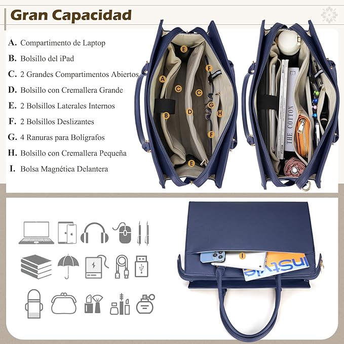 A Bolsa para Laptop Mujer 15.6 Pulgadas 2 Piezas Maletín para Laptop de Cuero Impermeable Bolsa Bandolera para Mujer Tote Bag Grande de Negocios Oficina Viaje (Azul).