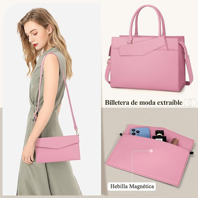 A Bolsa para Laptop Mujer 15.6 Pulgadas 2 Piezas Maletín para Laptop de Cuero Impermeable Bolsa Bandolera para Mujer Tote Bag Grande de Negocios Oficina Viaje (Rosa).