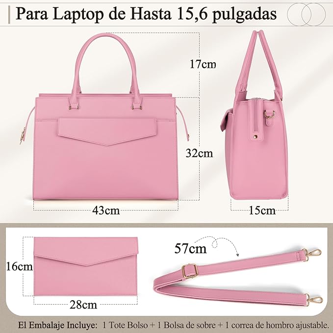 A Bolsa para Laptop Mujer 15.6 Pulgadas 2 Piezas Maletín para Laptop de Cuero Impermeable Bolsa Bandolera para Mujer Tote Bag Grande de Negocios Oficina Viaje (Rosa).