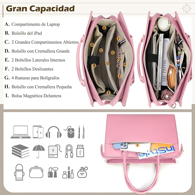 A Bolsa para Laptop Mujer 15.6 Pulgadas 2 Piezas Maletín para Laptop de Cuero Impermeable Bolsa Bandolera para Mujer Tote Bag Grande de Negocios Oficina Viaje (Rosa).