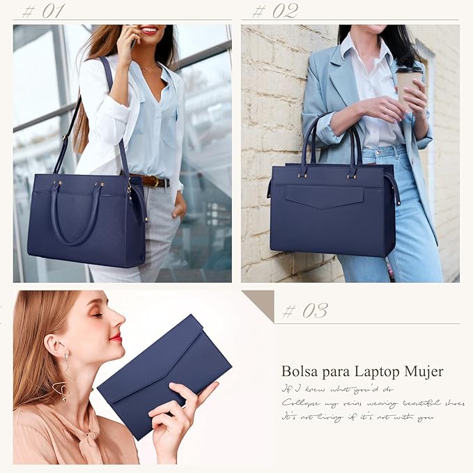 A Bolsa para Laptop Mujer 15.6 Pulgadas 2 Piezas Maletín para Laptop de Cuero Impermeable Bolsa Bandolera para Mujer Tote Bag Grande de Negocios Oficina Viaje (Azul).