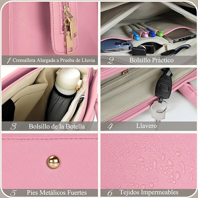 A Bolsa para Laptop Mujer 15.6 Pulgadas 2 Piezas Maletín para Laptop de Cuero Impermeable Bolsa Bandolera para Mujer Tote Bag Grande de Negocios Oficina Viaje (Rosa).