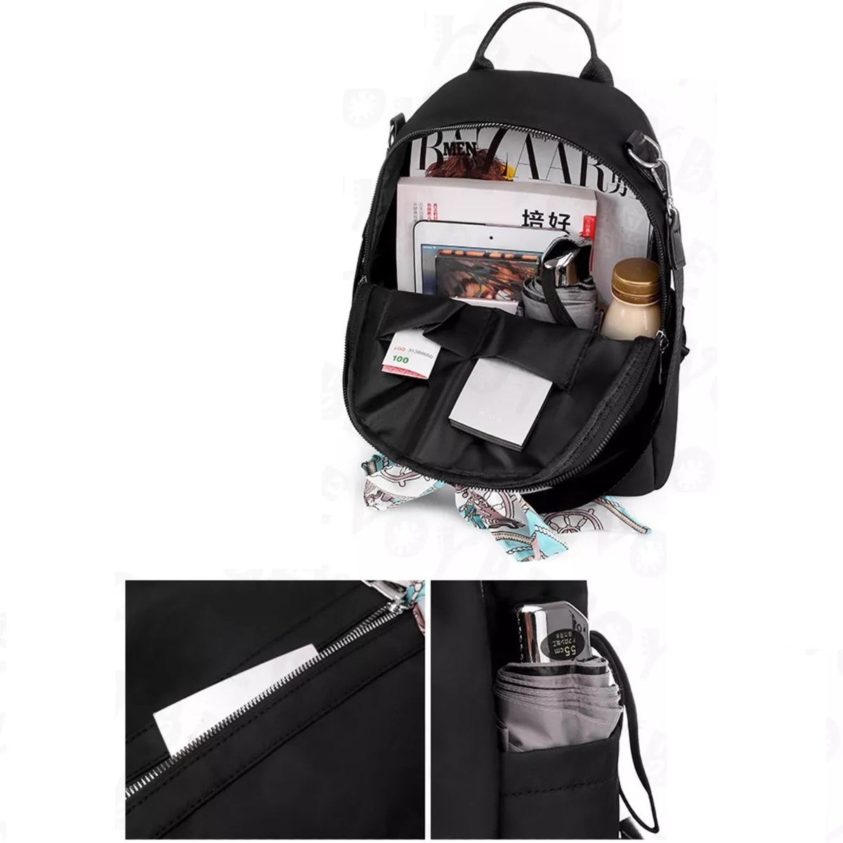 Mochila Bolsa Casual Impermeable Oxford Negro Moño.