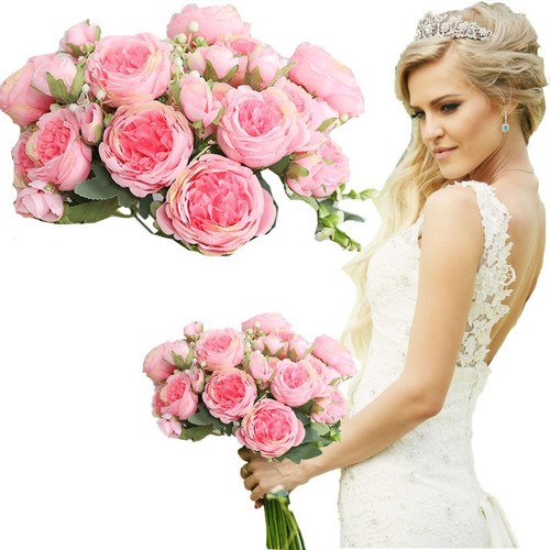 "Flores Peonias Artificiales Ramo Novia Boda Centro Mesa Rosa ".