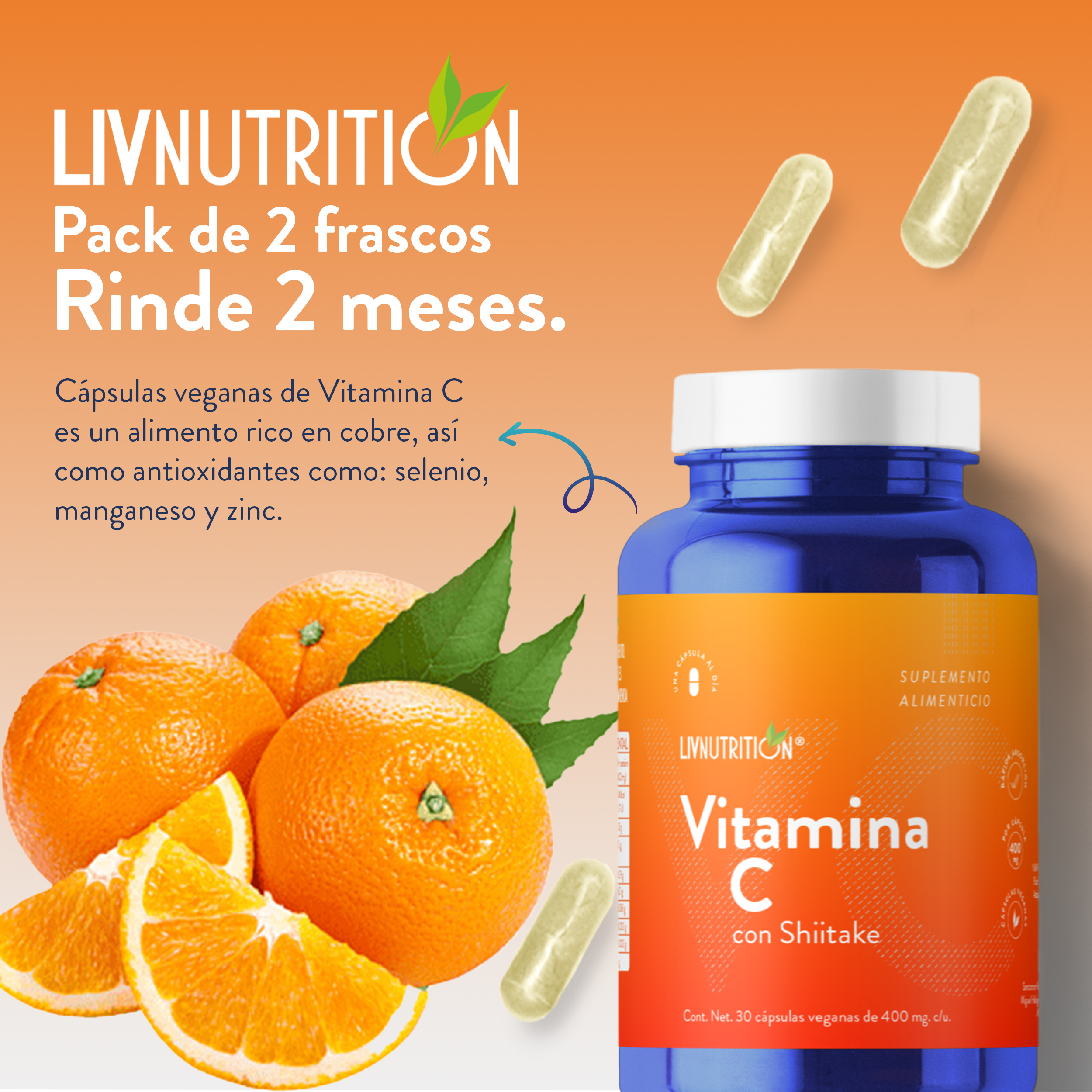 Vitamina C 60 Cápsulas Pack X2 400 Mg - Suplemento - Multivitaminico .