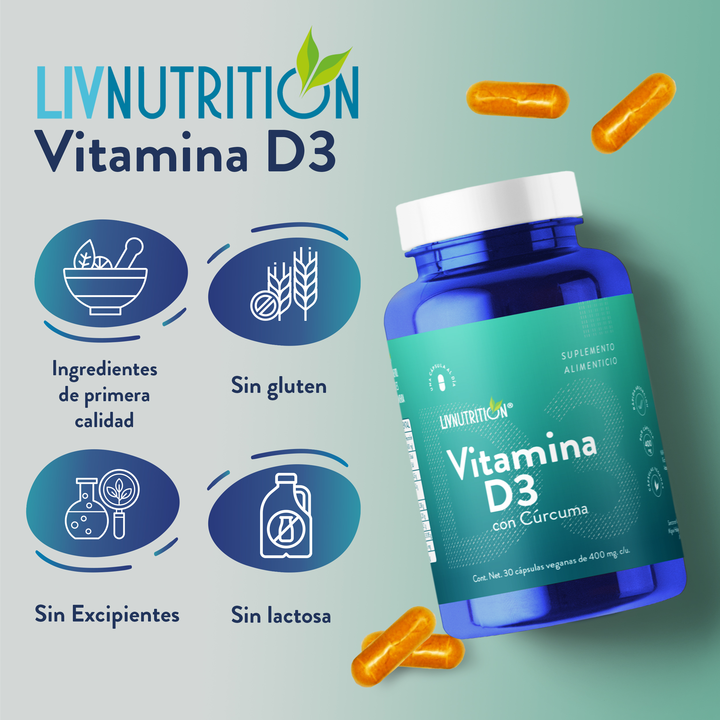 Suplemento alimenticio a base de Cúrcuma, Vitamina D3 y Estearato de magnesio con 60 Cápsulas de 400 mg | Pack 2 frascos con 30 capsulas cada uno.