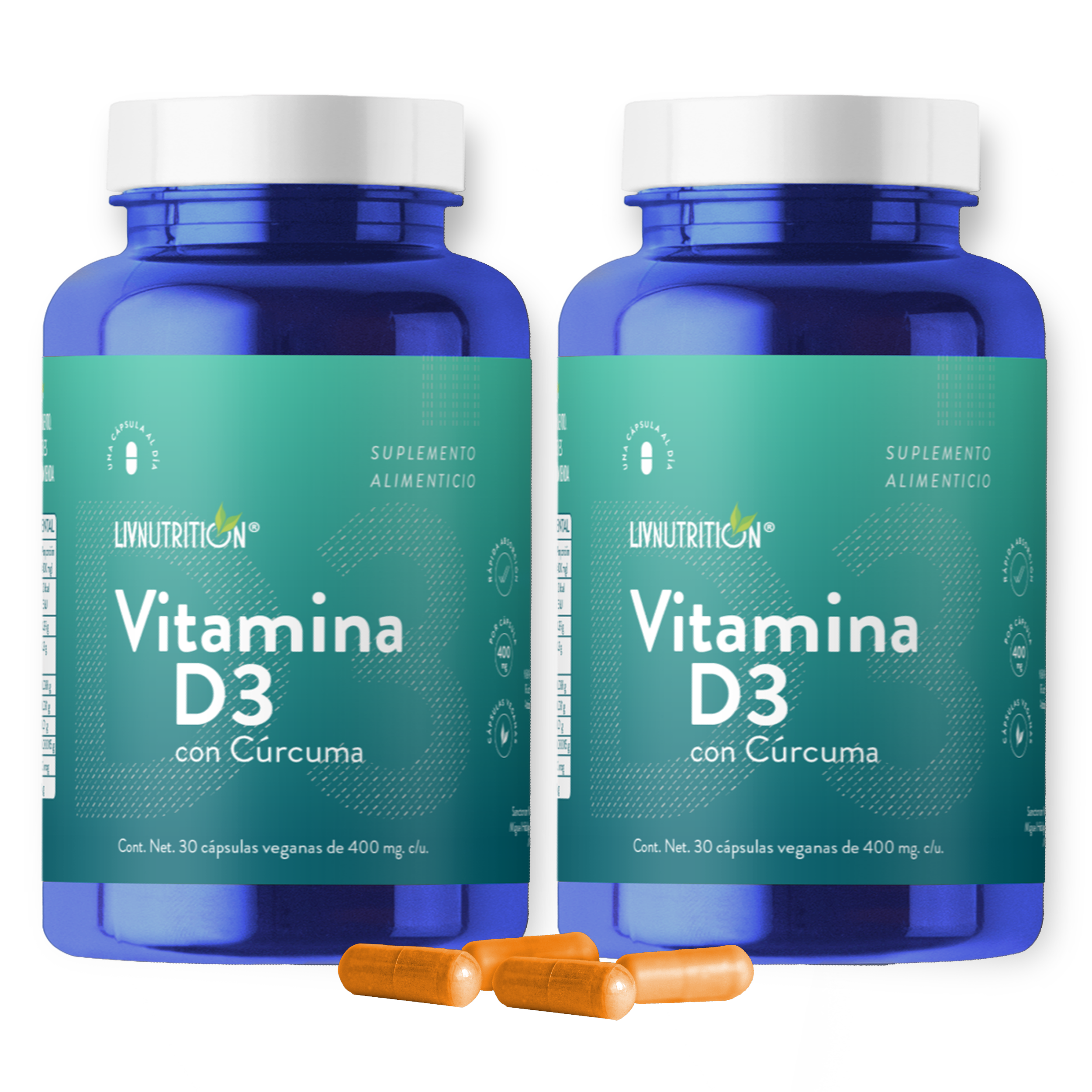 Suplemento alimenticio a base de Cúrcuma, Vitamina D3 y Estearato de magnesio con 60 Cápsulas de 400 mg | Pack 2 frascos con 30 capsulas cada uno.