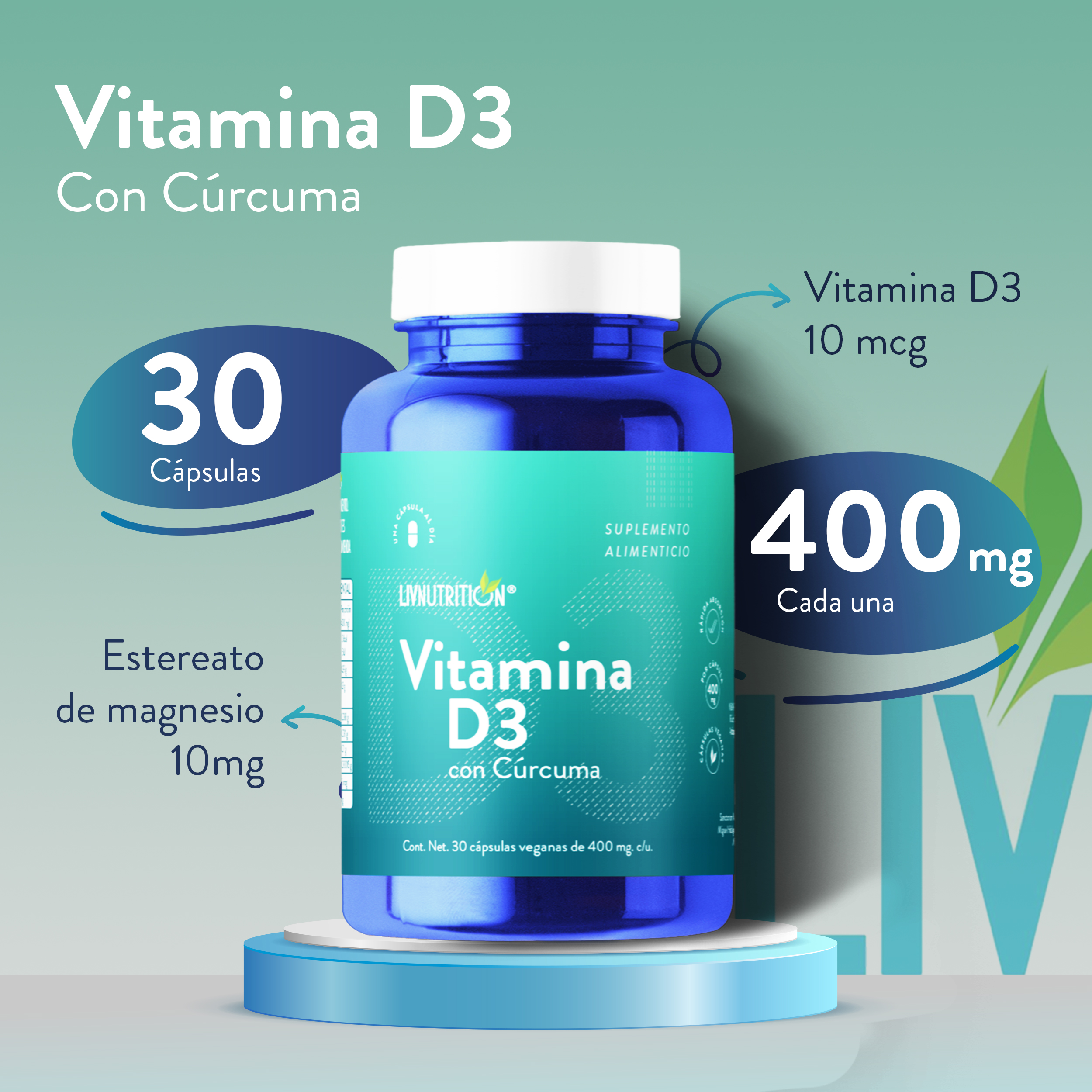Suplemento alimenticio a base de Cúrcuma, Vitamina D3 y Estearato de magnesio con 60 Cápsulas de 400 mg | Pack 2 frascos con 30 capsulas cada uno.