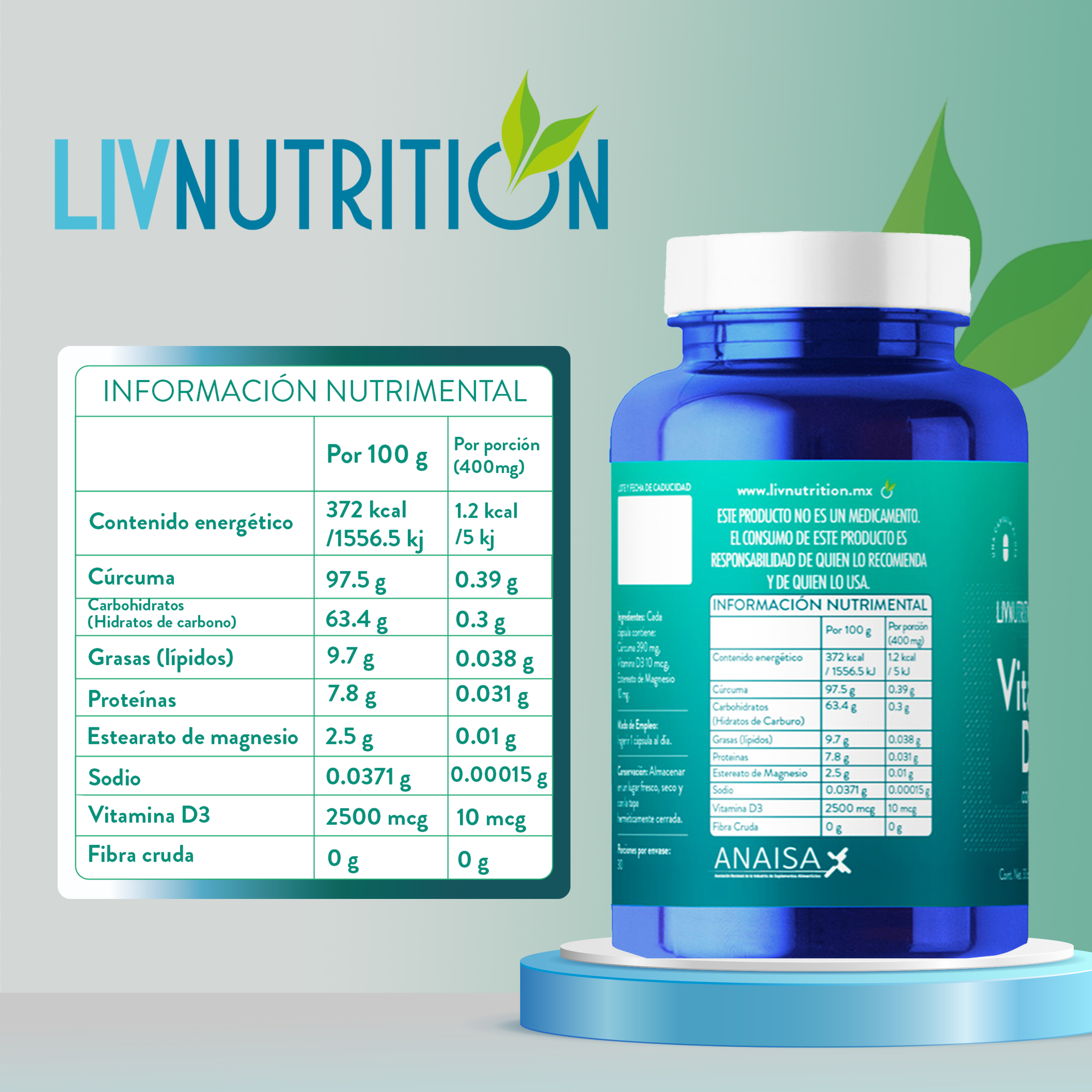 Suplemento alimenticio a base de Cúrcuma, Vitamina D3 y Estearato de magnesio con 60 Cápsulas de 400 mg | Pack 2 frascos con 30 capsulas cada uno.