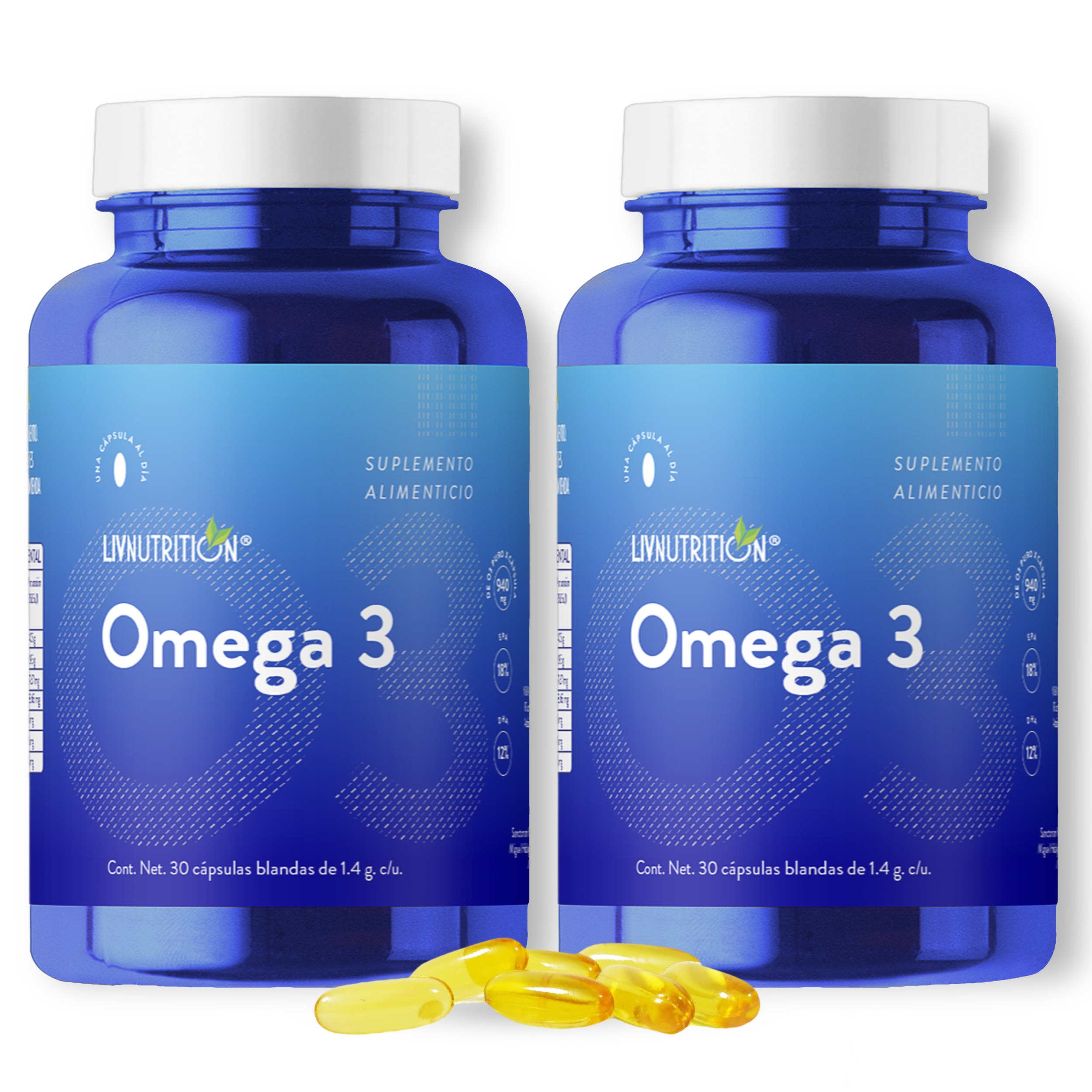  Omega 3 Suplemento Alimenticio a base de Pescado con 60 cápsulas de 1400 mg | 18% EPA | 12% DHA | Pack 2 frascos con 30 capsulas cada uno.