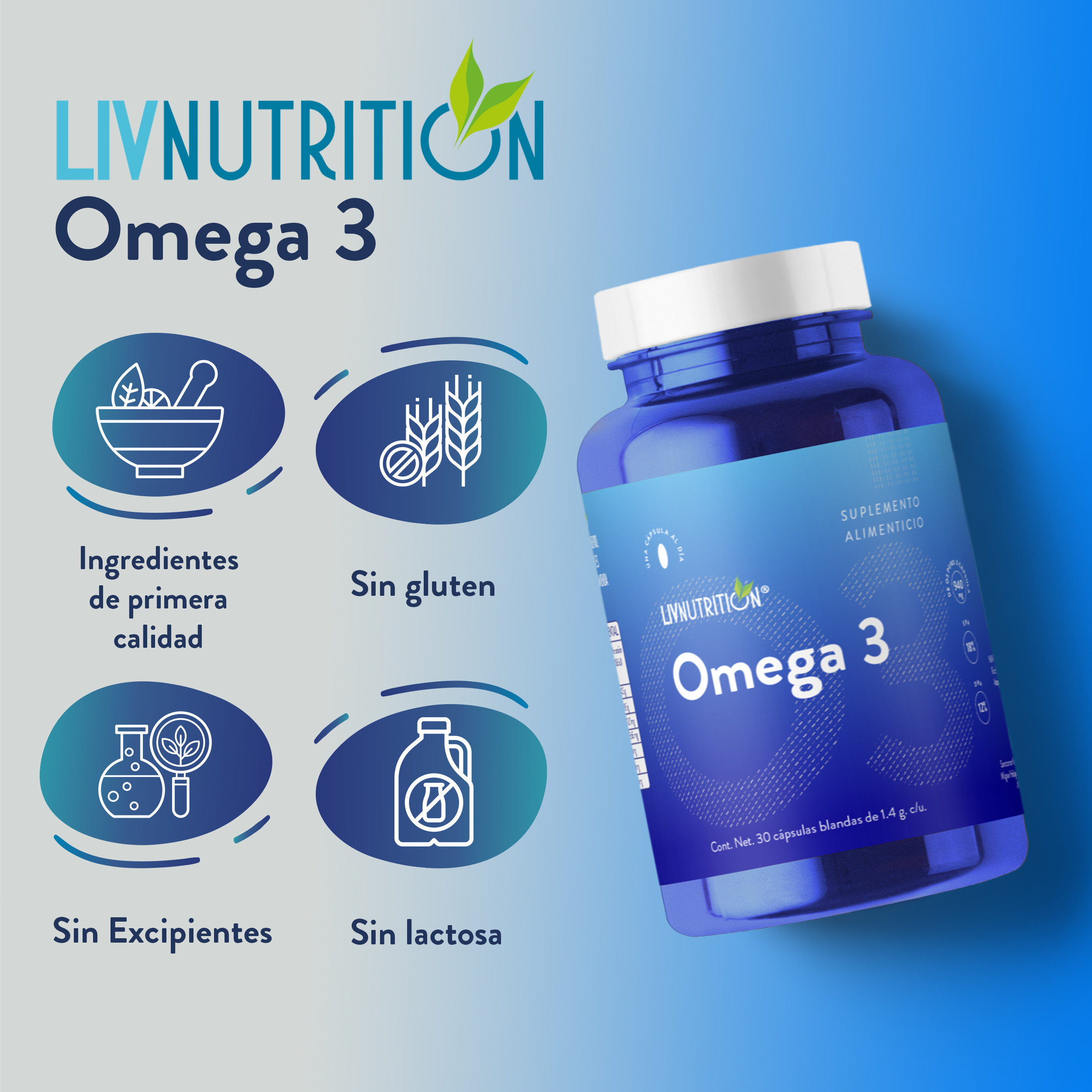  Omega 3 Suplemento Alimenticio a base de Pescado con 60 cápsulas de 1400 mg | 18% EPA | 12% DHA | Pack 2 frascos con 30 capsulas cada uno.