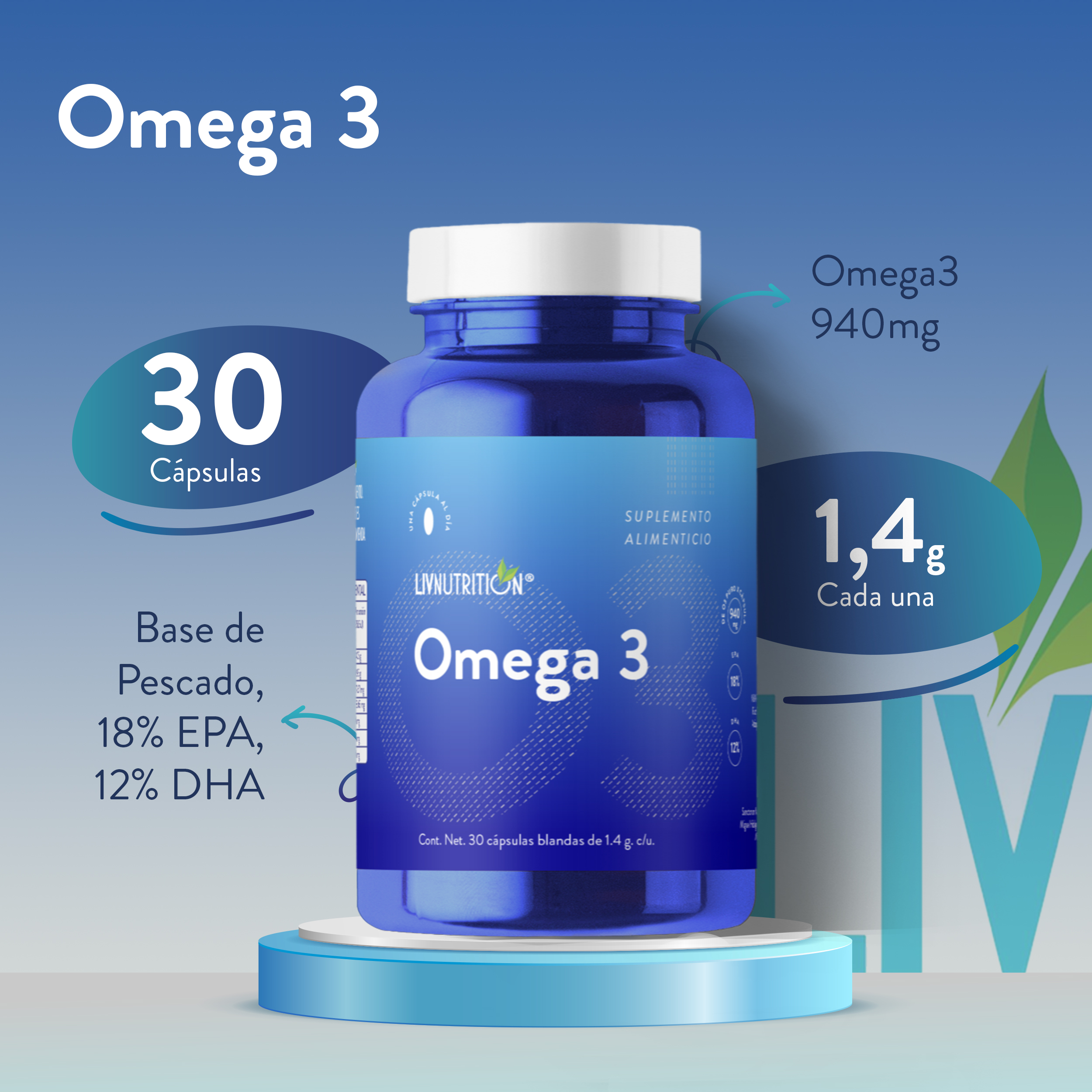  Omega 3 Suplemento Alimenticio a base de Pescado con 60 cápsulas de 1400 mg | 18% EPA | 12% DHA | Pack 2 frascos con 30 capsulas cada uno.