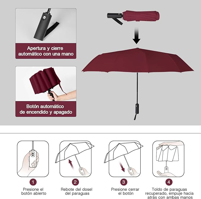 TERPORT Paraguas Plegable de la luvia y Sombrilla de protección UV, Paraguas Plegable de botón de apertura y cierre automático, Paraguas con 12 varillas, Ligero y compacto para usar de una sola mano, para hombres y mujeres.