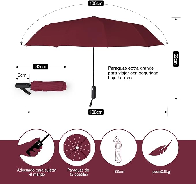 TERPORT Paraguas Plegable de la luvia y Sombrilla de protección UV, Paraguas Plegable de botón de apertura y cierre automático, Paraguas con 12 varillas, Ligero y compacto para usar de una sola mano, para hombres y mujeres.
