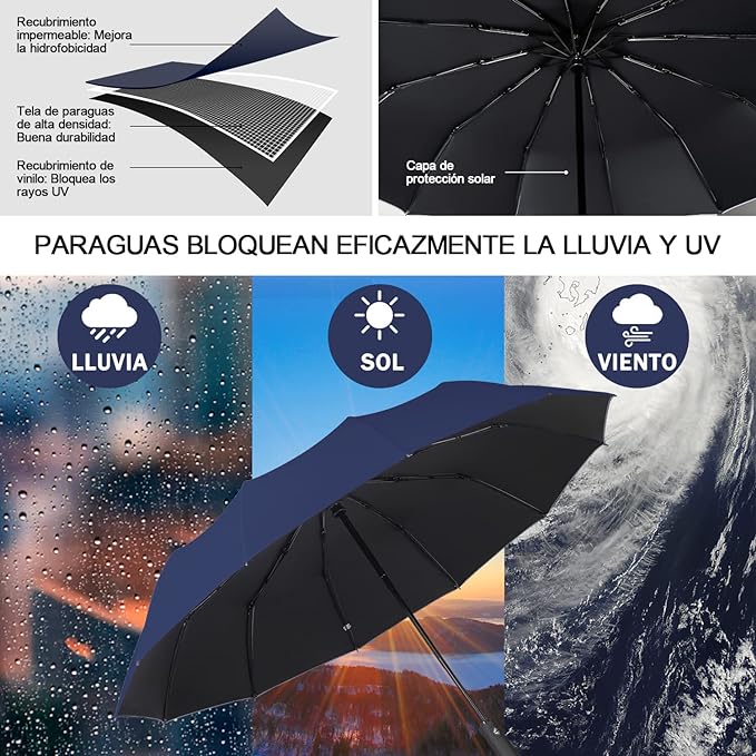 TERPORT Paraguas Plegable de la luvia y Sombrilla de protección UV, Paraguas Plegable de botón de apertura y cierre automático, Paraguas con 12 varillas, Ligero y compacto para usar de una sola mano, para hombres y mujeres.