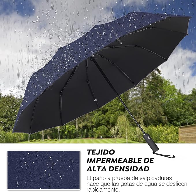 TERPORT Paraguas Plegable de la luvia y Sombrilla de protección UV, Paraguas Plegable de botón de apertura y cierre automático, Paraguas con 12 varillas, Ligero y compacto para usar de una sola mano, para hombres y mujeres.