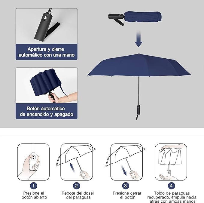 TERPORT Paraguas Plegable de la luvia y Sombrilla de protección UV, Paraguas Plegable de botón de apertura y cierre automático, Paraguas con 12 varillas, Ligero y compacto para usar de una sola mano, para hombres y mujeres.