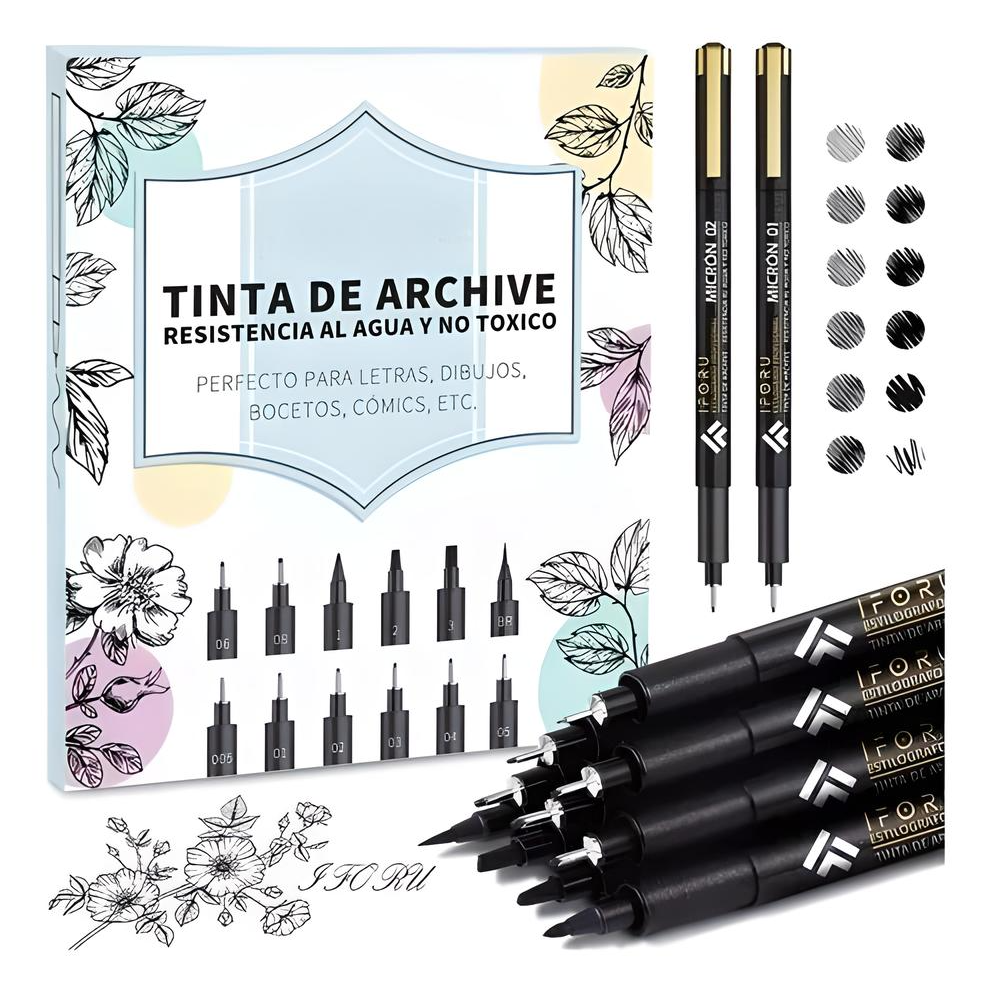 Estilografos Fineliner Lettering Manga Bosquejo Pigment Liner Fina 12 Unidades Negro