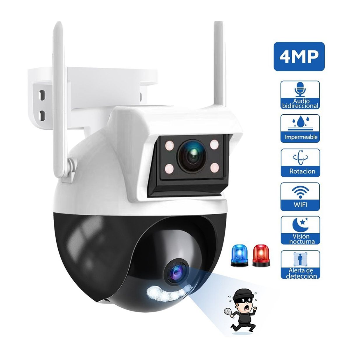 Camara De Seguridad Doble Lente 2+2mpx WIFI PTZ 360 grados Para Interiores y Exteriores.