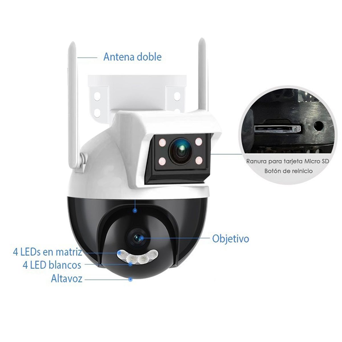 Camara De Seguridad Doble Lente 2+2mpx WIFI PTZ 360 grados Para Interiores y Exteriores.