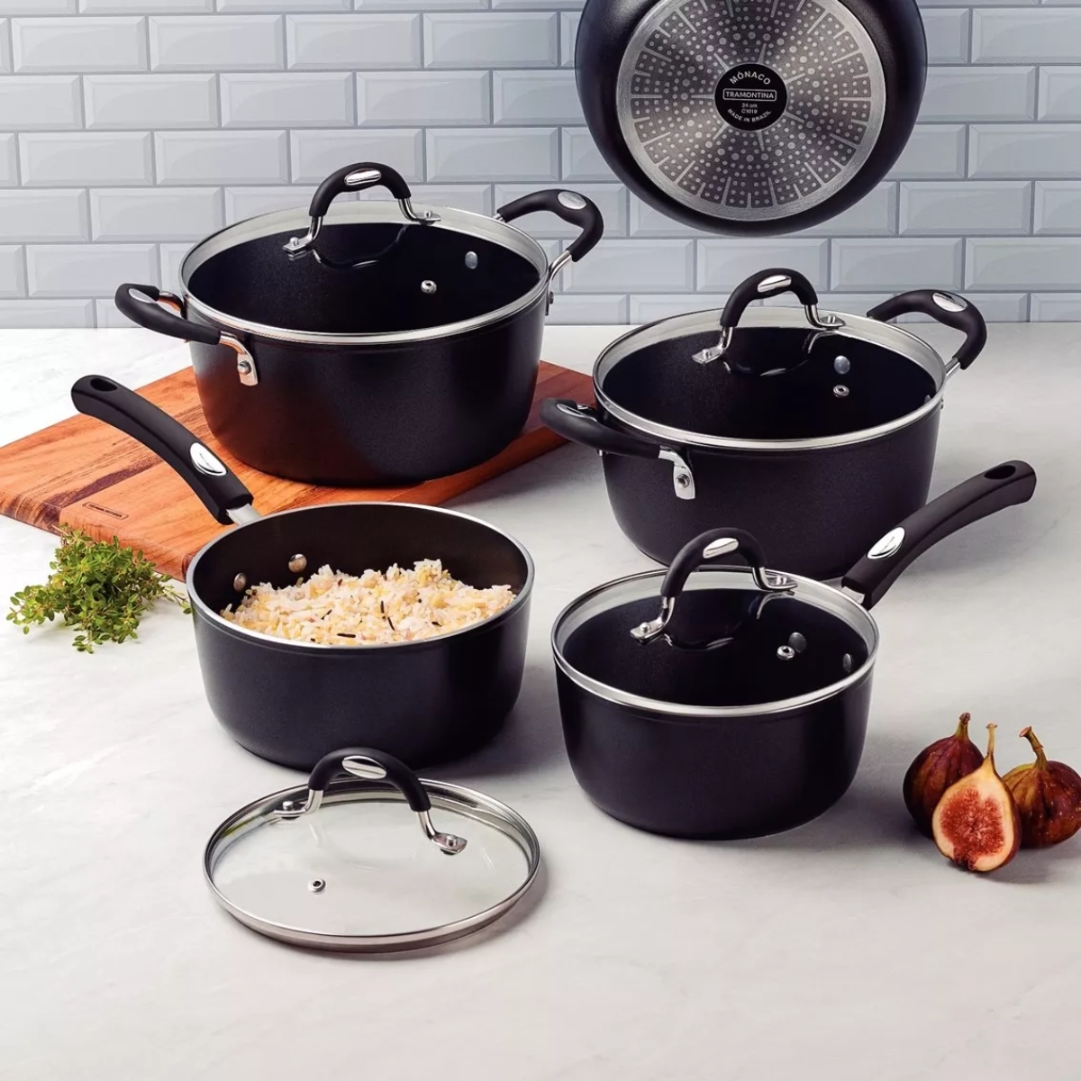 Batería de Cocina Tramontina Mónaco 9 Piezas Aluminio Inducción - Negro.
