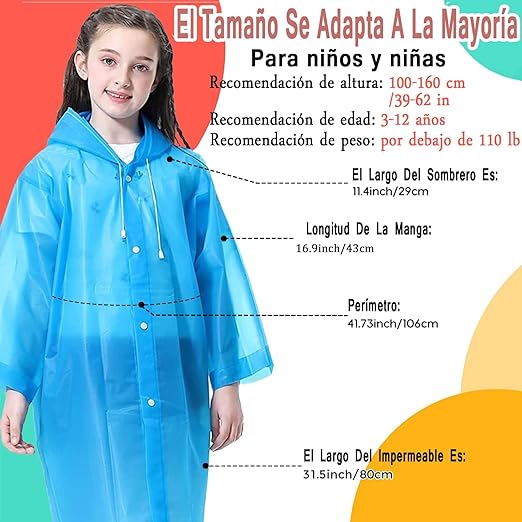 Poncho de Lluvia, Poncho de Lluvia para Niños,Chubasqueros Impermeable, Reutilizable EVA Ponchos Impermeables Chaquetas Capa Lluvia con Capucha Adecuado.