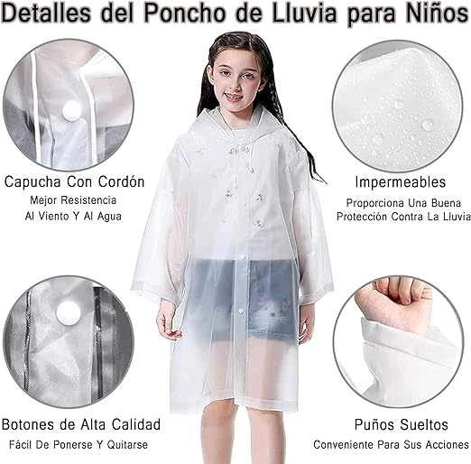 Poncho de Lluvia, Poncho de Lluvia para Niños,Chubasqueros Impermeable, Reutilizable EVA Ponchos Impermeables Chaquetas Capa Lluvia con Capucha Adecuado.