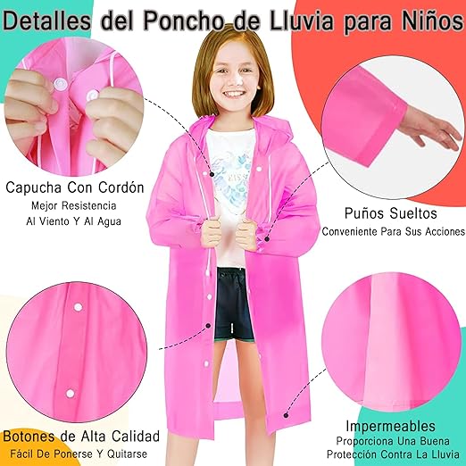 Poncho de Lluvia, Poncho de Lluvia para Niños,Chubasqueros Impermeable, Reutilizable EVA Ponchos Impermeables Chaquetas Capa Lluvia con Capucha Adecuado.