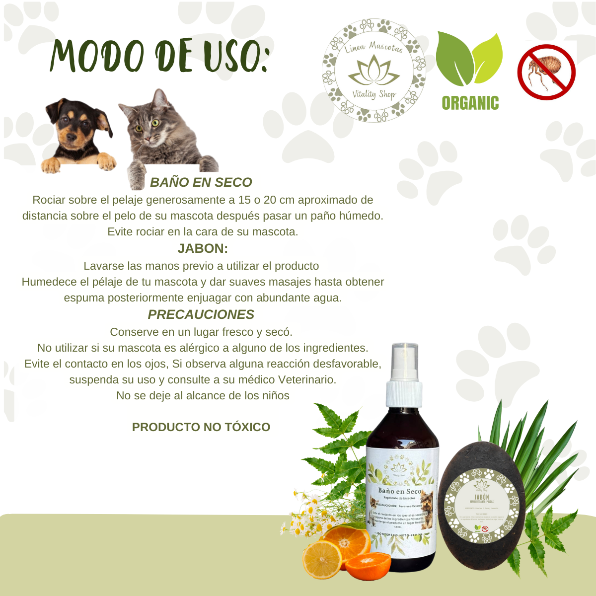 Baño en seco y jabón organico repelente perros gatos mascotas domesticas.