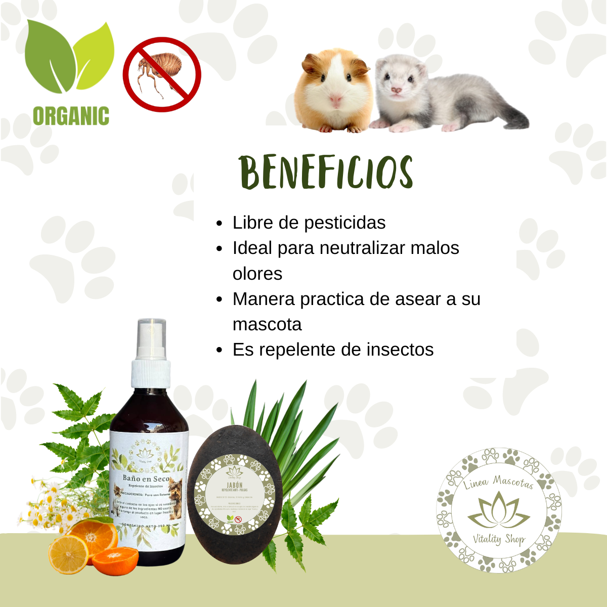 Baño en seco y jabón organico repelente perros gatos mascotas domesticas.