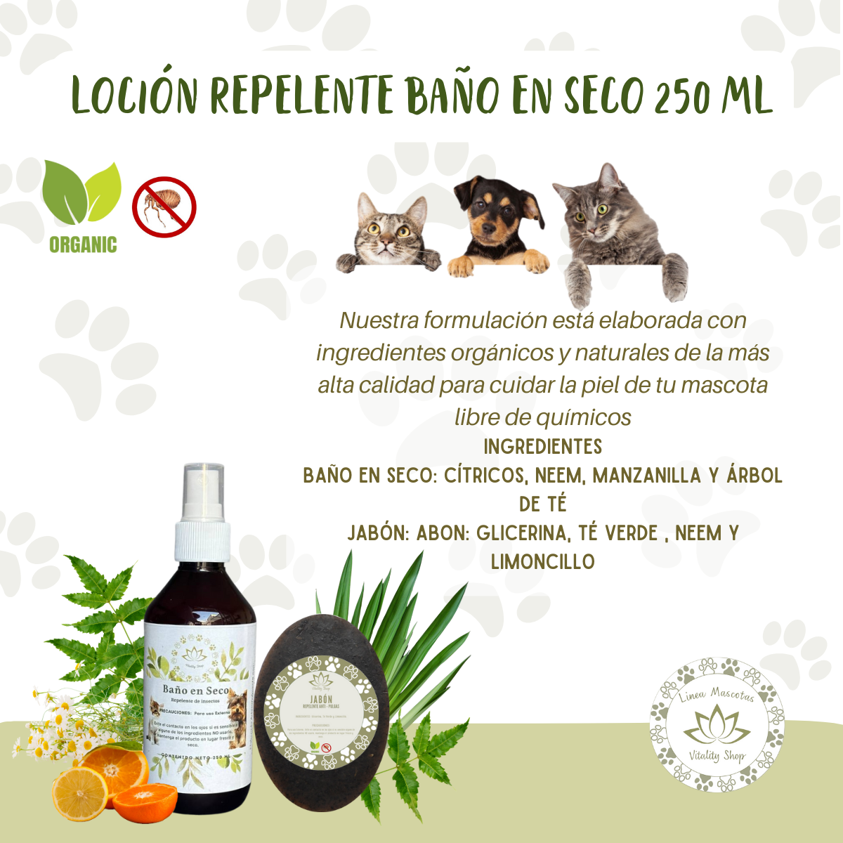 Baño en seco y jabón organico repelente perros gatos mascotas domesticas.