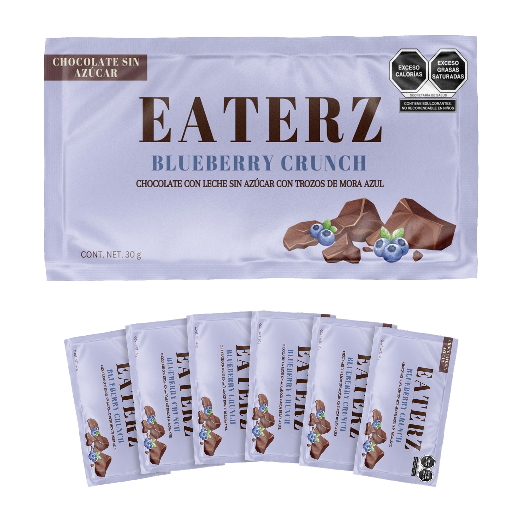 EATERZ | Barras de Chocolate con Leche Sin Azúcar con Trozos de Mora Azul, Blueberry Crunch - 6 Piezas.