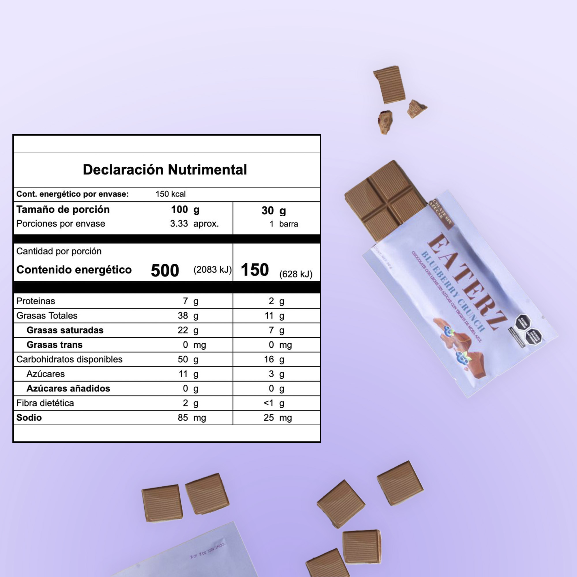 EATERZ | Barras de Chocolate con Leche Sin Azúcar con Trozos de Mora Azul, Blueberry Crunch - 6 Piezas.