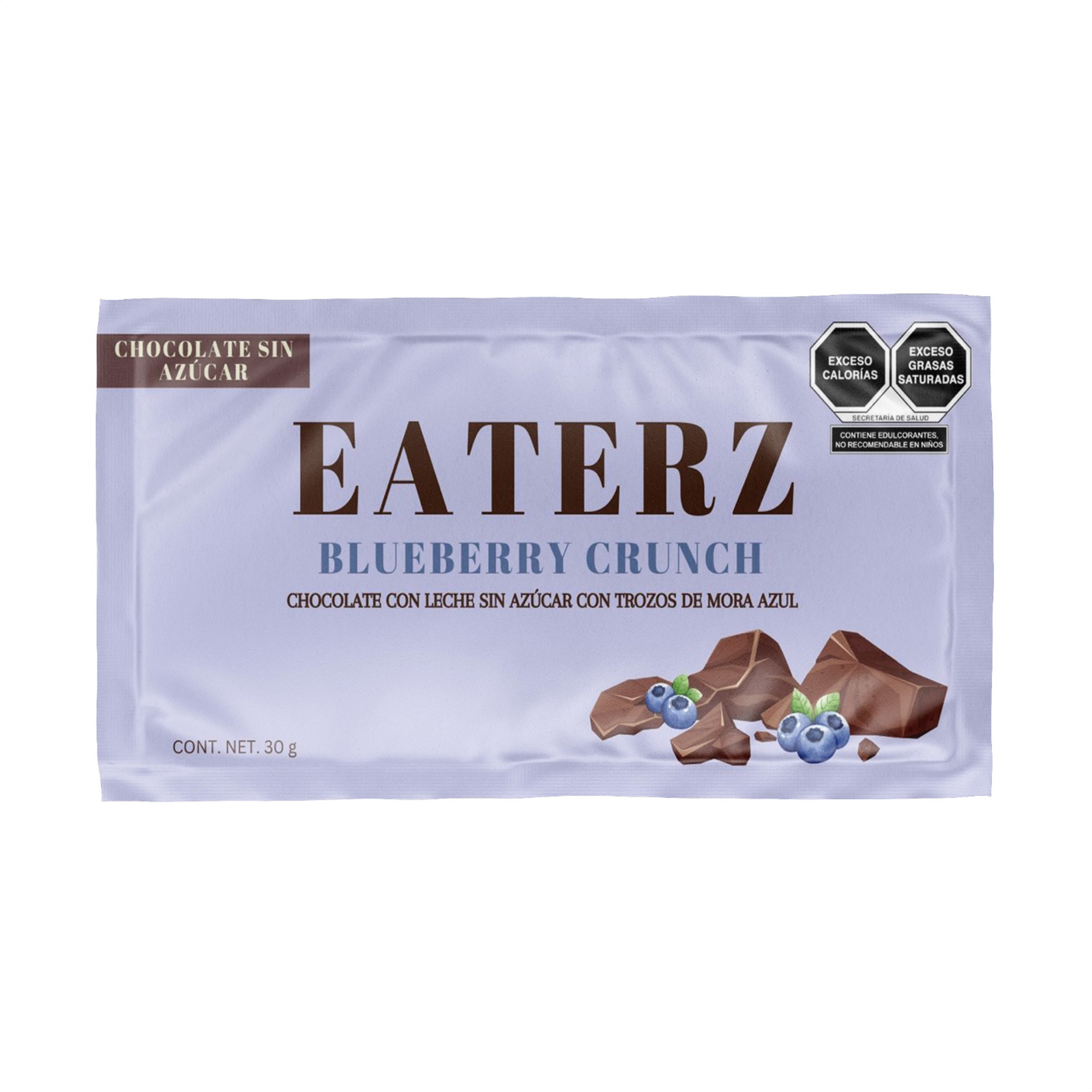 EATERZ | Barras de Chocolate con Leche Sin Azúcar con Trozos de Mora Azul, Blueberry Crunch - 6 Piezas.
