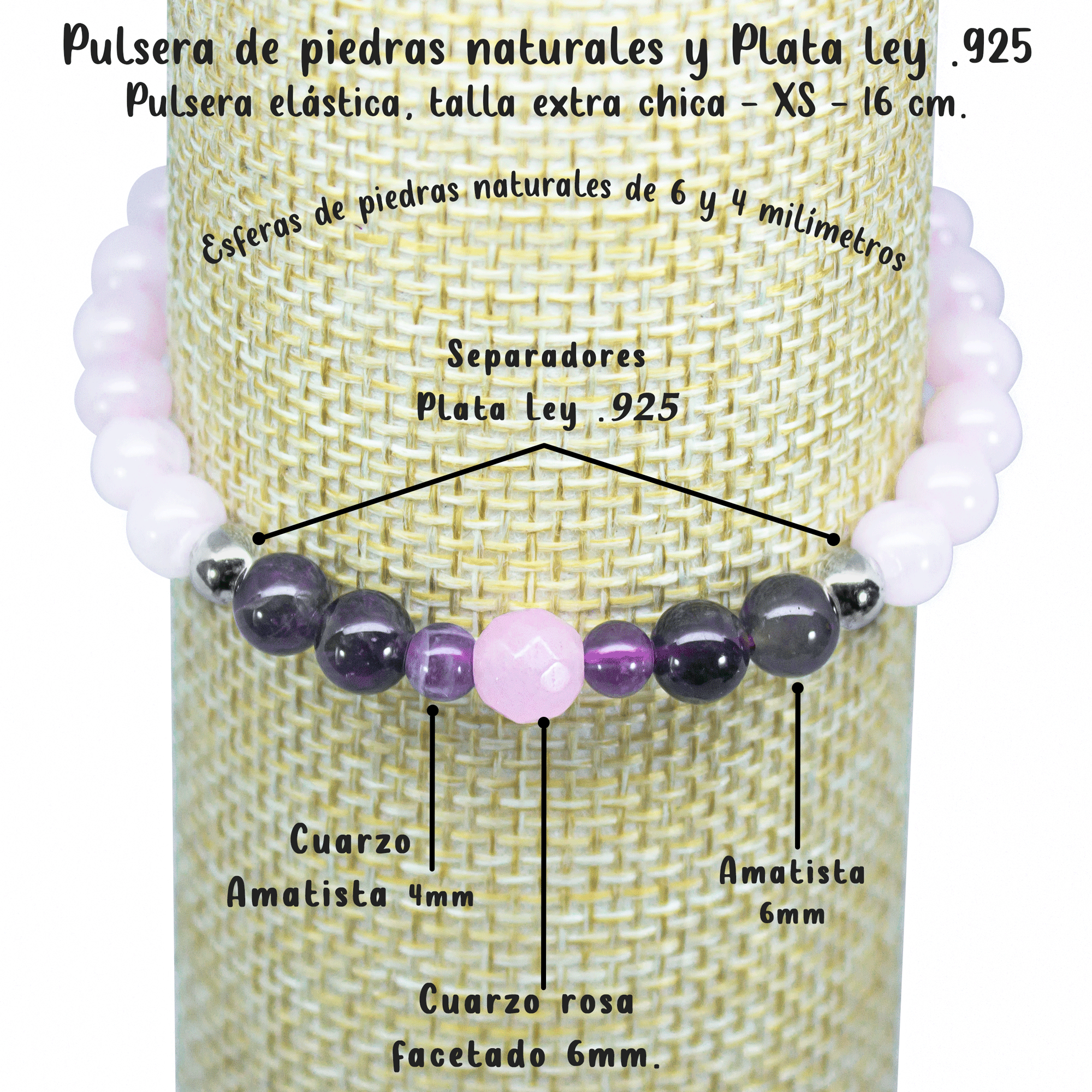 Pulsera Cuarzo Rosa, Amatista y Plata genuina.