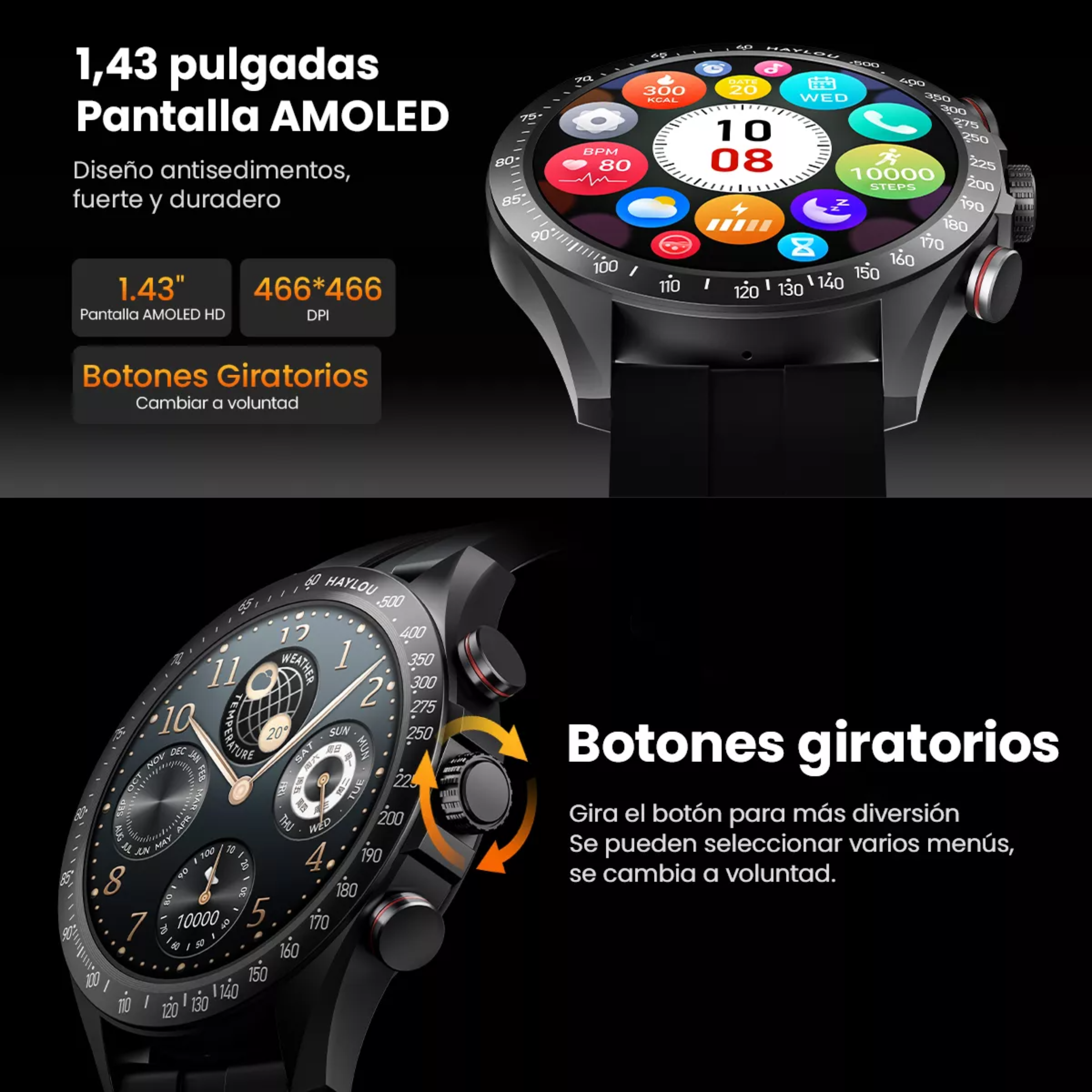 Haylou Solar Pro Smartwatch 1.43 AMOLED 2ATM Impermeable, Caja Negra, Correa Negra, Bisel Negra.