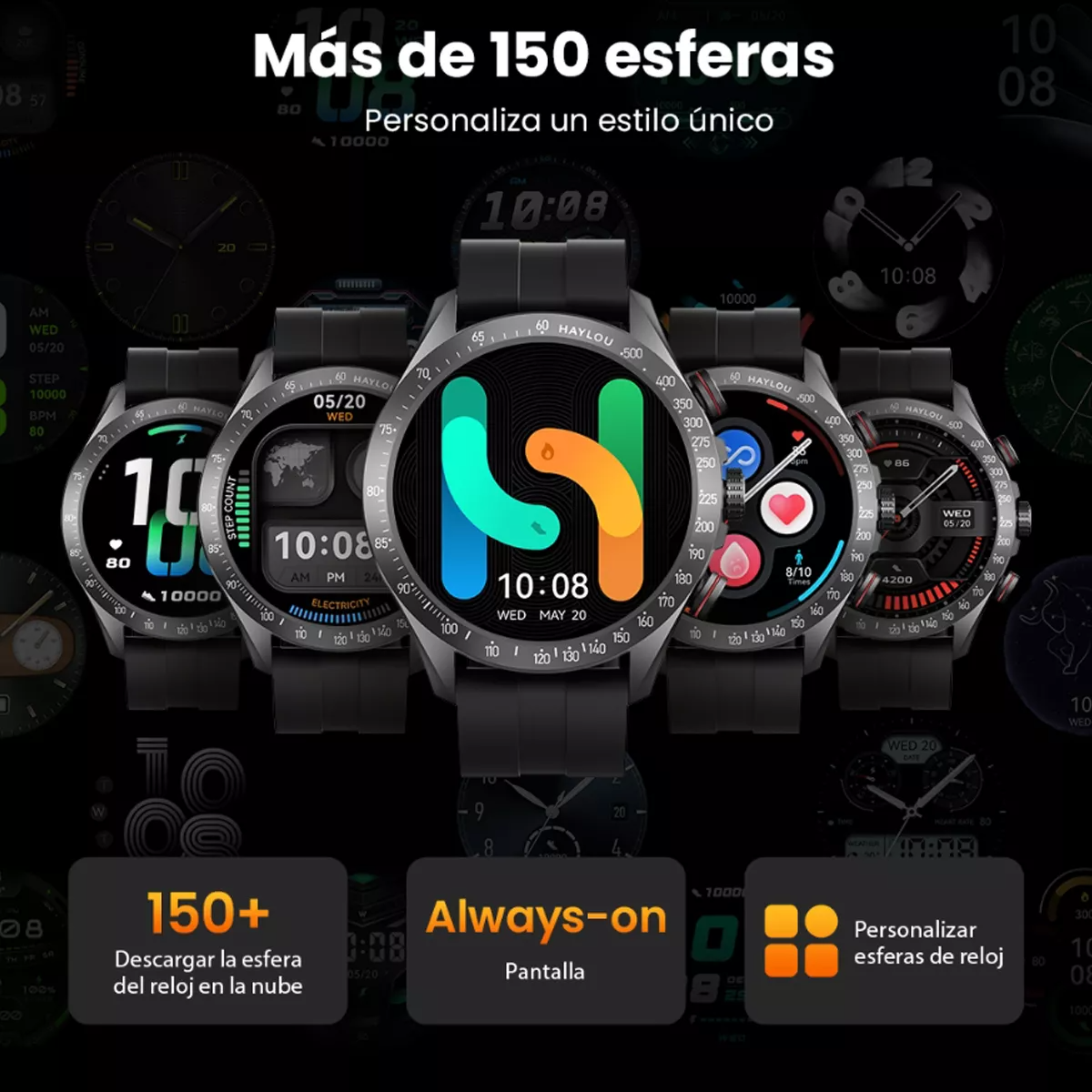 Haylou Solar Pro Smartwatch 1.43 AMOLED 2ATM Impermeable, Caja Negra, Correa Negra, Bisel Negra.