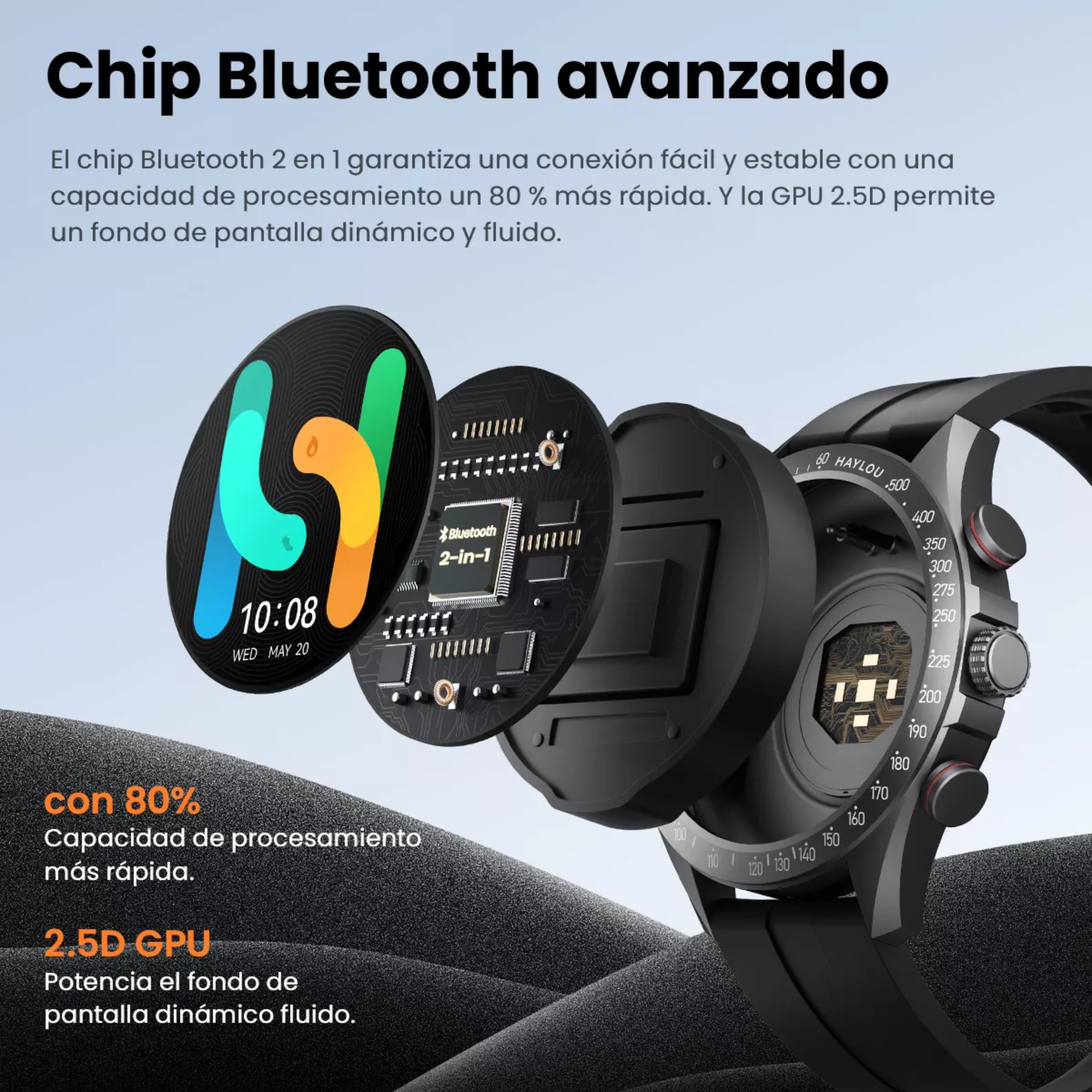 Haylou Solar Pro Smartwatch 1.43 AMOLED 2ATM Impermeable, Caja Negra, Correa Negra, Bisel Negra.