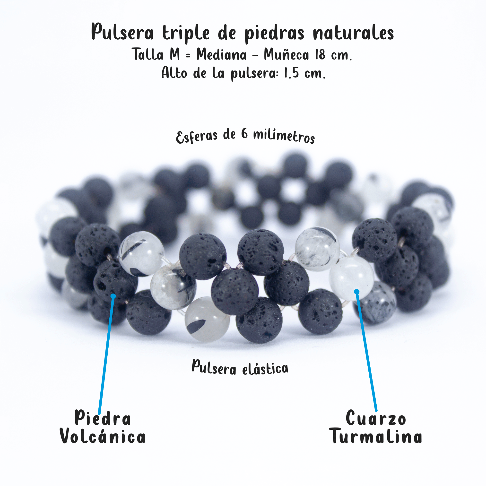 Pulsera Cuarzo Turmalina y Piedra Volcanica