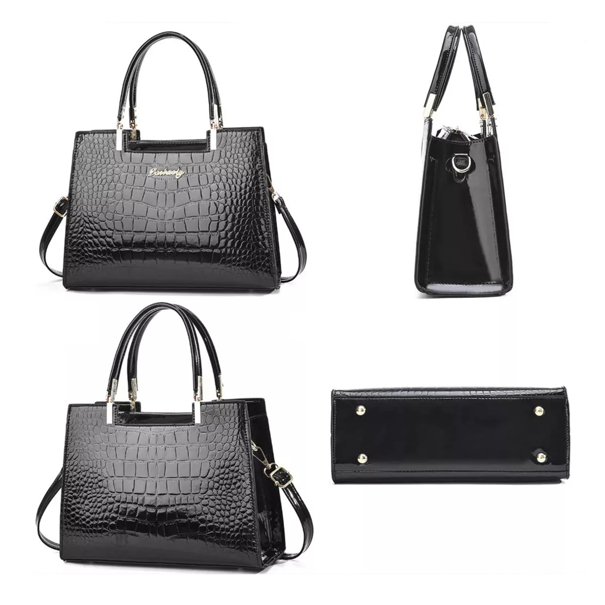 Bolsa Negra Imitación Piel Cocodrilo Dama .